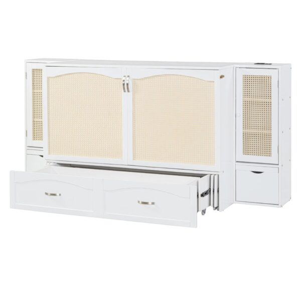 Full Size Murphy Wall Bed With Drawer And Rattan Decoration - White