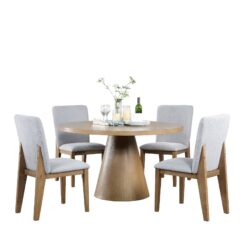 Delphine - Round Dining Table Set With Chairs (Set of 5) - Oak Finish And Gray