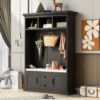 Hall Tree With 3 Hooks, Coat Hanger, Entryway Bench, Storage Bench, 3 In 1 Design, For Entrance, Hallway - Black - Image 3