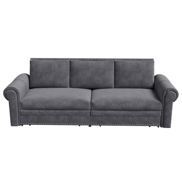 King Pull Out Sofa Bed, Chesterfield Sofa, 3 In 1 Velvet Convertible Sleeper Sofa With Nailhead Trim & Rolled Arm Multifunctional Sofa Bed For Living Room - Gray