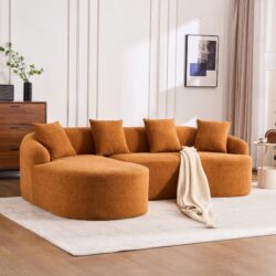 Compression Sofa: Combining Chaise Longue With 3 Seater, Wood Grain Chenille Fabric, Full Sponge Compression Sofa, Combined Sofa With 4 Pillows For Living / Home Furniture / Apartment - Orange