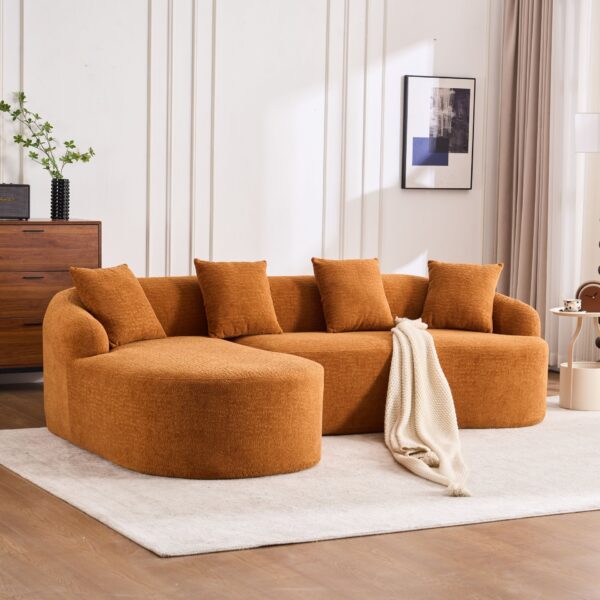 Compression Sofa: Combining Chaise Longue With 3 Seater, Wood Grain Chenille Fabric, Full Sponge Compression Sofa, Combined Sofa With 4 Pillows For Living / Home Furniture / Apartment - Orange