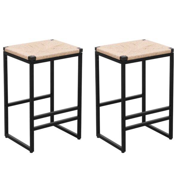 Boho Style Backless Bar Stools (Set of 2) With Paper Rope Woven Seat & Metal Frame For Kitchen Counter - Natural