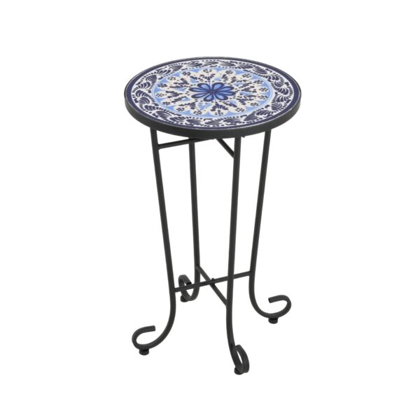 French Country Patio Side Table With Vibrant Tile Top - Blue / Black