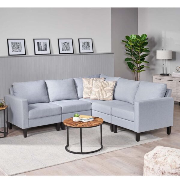 Comfy 5 Pieces L Shaped Sofa With Wooden Legs, Modern Side Chairs For Living Room - Light Gray