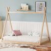 Wood Twin Size Tent Bed For Kids, Montessori Style Low - Floor Bed, House-Shape Tent Bed Frame For Boys Girls Teens, Without Slats - Natural - Image 2