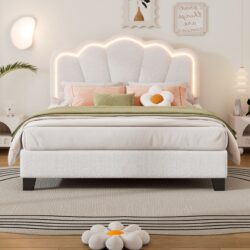 Full Size Upholstered Flower-Shape Bed, Elegant Flowers Headboard With LED Light Strip, Sherpa Fabric Platform Bed With Slats Support - White