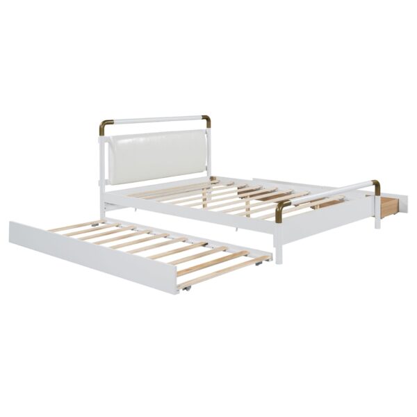 Queen Size Storage Platform Bed, With 2 Big Drawers, Twin Long Size Trundle - White