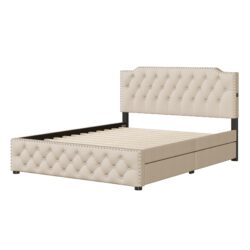 Queen Size Upholstered Platform Bed With 2 Drawers And 2 Sets Of USB Ports On Each Side - Beige