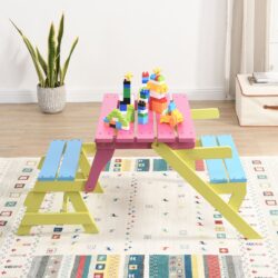 Kids Multi Functional Arm Chair Table 2 Benches All In 1 Set Wood - Blue / Pink