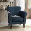 Elegant Fabric Club Chair With Nailhead Trim And Birch Wood Legs - Navy Blue - Image 2