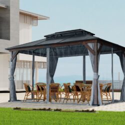 10' x 13' Hardtop Wood Gazebo For Patios, Outdoor Framed Gazebo With Polycarbonate Double Roof Canopy, Solid Wooden Framed Gazebo With Privacy Curtains And Mosquito Nettings For Garden, Backyard - Black