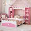 Castle Shaped Bed With Storage Shelf, Dreamy Twin Size Platform Bed For Kids Bedroom - Pink / White - Image 2