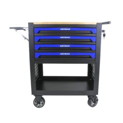 4 Drawers Multifunctional Tool Cart With Wheels And Wooden Top - Black / Blue