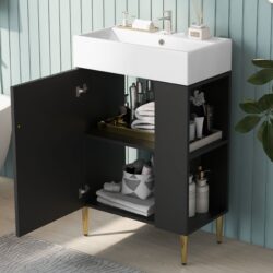 Bathroom Vanity, Combo Cabinet, Bathroom Storage Cabinet, Single Ceramic Sink, Right Side Storage - Black