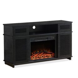 Modern Wood Cabinet With Adjustable Shelves And Embedded Fireplace With Remote Control - Black Oak
