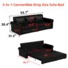 Pull Out Sofa Bed, 3 In 1 Convertible Sleeper Sofa With Nailhead Trim & Rolled Arm, Multi Functional Sofa Bed For Living Room, Bedroom, Apartment, Office - Black - Image 3