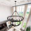 2 Tiers Wagon Wheel Chandelier Wooden Farmhouse 36 Light (24 / 12) Or (12 / 24) Metal Chandeliers 2 Story Light Fixtures Industrial For High Ceiling Living Dining Room Foyer, Adjustable Height - Black - Image 4