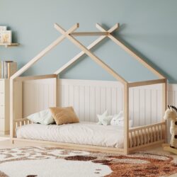 Full Size Montessori Style House Bed For Kids, Floor Bed Frame With Headboard And Footboard, Fence Bed For Girls, Boys, Slat Not Included - Natural