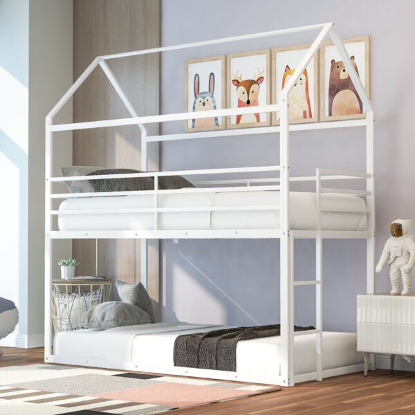 Twin Over Twin Bunk Bed, House With Frame Built-In Ladder, No Box Spring Needed - White
