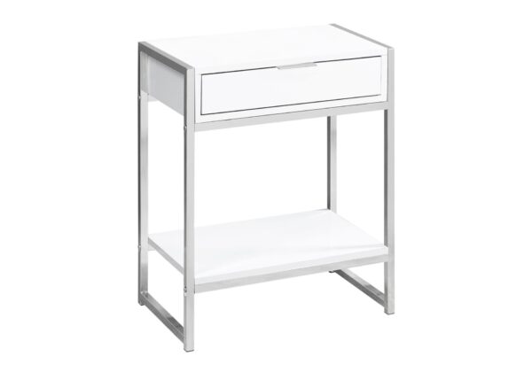 Accent Side Table, Storage Drawer, Glossy Modern - White