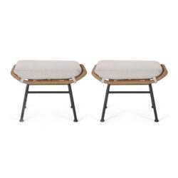 Outdoor Modern Boho Wicker Ottoman With Cushions (Set of 2) - Beige / Brown
