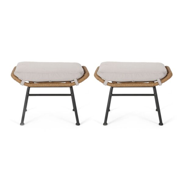 Outdoor Modern Boho Wicker Ottoman With Cushions (Set of 2) - Beige / Brown