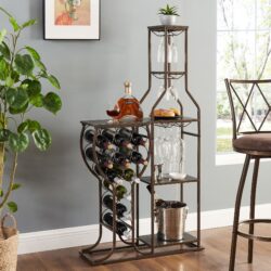 11 Bottle Wine Bakers Rack, 5 Tier Freestanding Wine Rack With Hanging Wine Glass Holder And Storage Shelves, Wine Storage Home Bar For Liquor And Wine Storagefor Kitchen, Dining Room - Gray