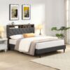 Modern Upholstered King Size Platform Bed Frame With Button Tufted Linen Headboard And USB Ports - Dark Gray - Image 2