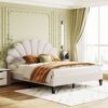 Queen Size Upholstered Platform Bed With Flower Pattern Headboard - Beige - Image 10