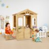 Wooden Playhouse For Kids Outdoor With Working Door, Windows, Mailbox, Bench, Flowers Pot Holder - Natural - Image 8