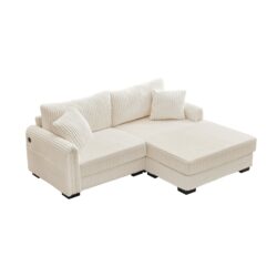 2 Seater L Shaped Chaise Sofa With Reversible Cushion Corduroy Fabric, USB - C Charging Port, Storage Pocket, Convertible Left / Right Design For Living Room - Beige