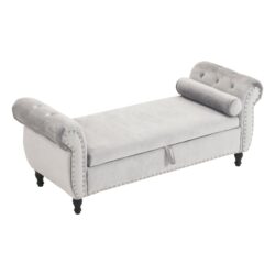 Velvet Multifunctional Storage Rectangular Ottoman Bench With Pillow - Gray
