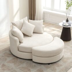 360° Swivel Accent Barrel Chair With Storage Ottoman & 4 Pillows, Modern Chenille Leisure Chair Round Accent For Living Room - Cream