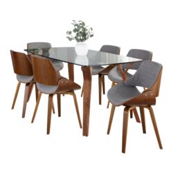 Folia Fabrizzi - 7 Piece Mid-Century Modern Dining Set - Walnut / Clear Tempered / Gray