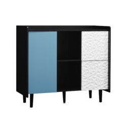 Modern Sideboard Buffet Cabinet With Red Doors And Unique Panel Styling - Black