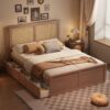 Queen Wood Storage Platform Bed With 4 Drawers Rattan Headboard - Antique Natural - Image 2