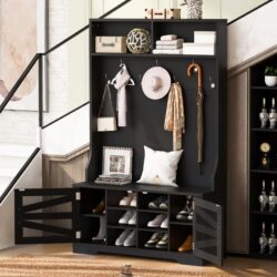 Entryway Bench With Coat Rack, 3 In 1 Design And Adjustable Shelves, Hall Tree With 7 Hooks For Entrance, Living Room - Black