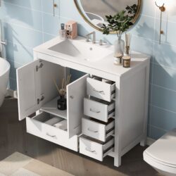Bathroom Vanity With Ceramic Sink Combo, Abundant Storage Cabinet -2 Soft-Close Doors And 5 Drawers - White