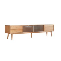 TV Cabinet With Chinese Changhong Glass Doors, Two Drawer Storage Space TV Standing - Natural