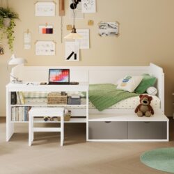 Twin Size Daybed With Storage Shelves And Lockers, Multi Functional Bed With Study Desk And Matching Stool - White