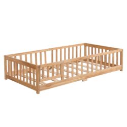 Twin Size Floor Bed With Door And Fence For Children - Natural