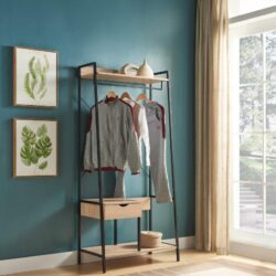 Metal Clothes Rack Open Wardrobe Free Standing With One Drawer Hanging Clothes Rod - Light Brown