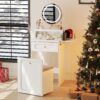 Makeup Vanity Desk With Round Mirror And Lights, 2 In 1 Nightstand, Dressing Table With A Chair - Antique White - Image 4