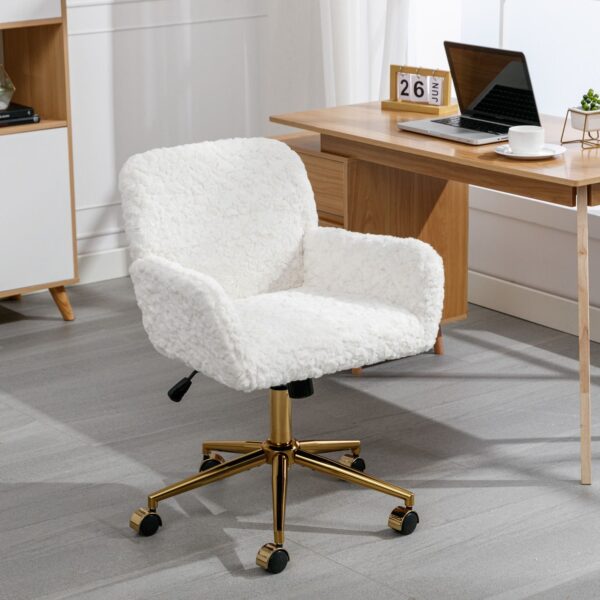 Office Chair, Artificial Rabbit Hair Home Office Chair With Golden Metal Base, Adjustable Desk Chair Swivel Office Chair, Vanity Chair - Beige