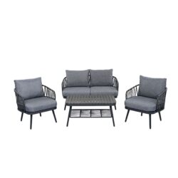 4 Piece Outdoor Patio Furniture Set, Metal Chairs With Woven Rope U Shaped Backrest, Outdoor Conversation Set With Thick Cushions And Coffee Table For Garden, Poolside, Balcony - Black / Gray