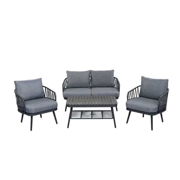 4 Piece Outdoor Patio Furniture Set, Metal Chairs With Woven Rope U Shaped Backrest, Outdoor Conversation Set With Thick Cushions And Coffee Table For Garden, Poolside, Balcony - Black / Gray