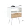 15.75" Rattan End Table With Power Outlet & USB Ports, Modern Nightstand With Drawer And Solid Wood Legs, Side Table For Living Room, Bedroom - White - Image 3