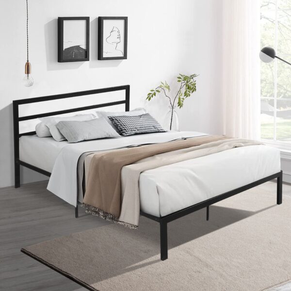 Queen Metal Bed Frame With Headboard - Black