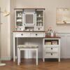Farmhouse Makeup Vanity Desk With Adjustible LED Lighted Mirror And Charging Station For Bedroom, Dressing Vanity Table With Side Cabinet And Cushioned Stool - White - Image 4